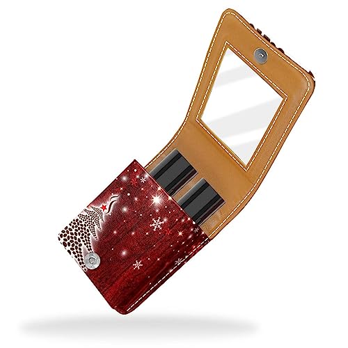 Damen-Make-up-Lippenstift-Etui aus PU-Leder, Lippenstift-Etui mit Spiegel, süßes tragbares Make-up-Reiseetui für Geldbörse, Lippenstift-Halter,Weihnachtsbaum Schneeflocke Rot von KQNZT