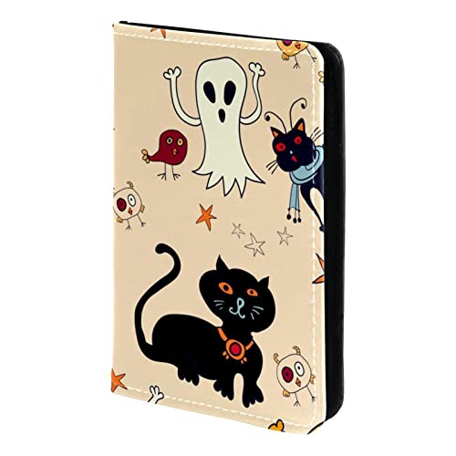 Impfpasshülle Kartenetui Lederschutzhülle Reisebrieftasche,Schwarze Katze Kürbis Stern Karikatur Halloweens von KQNZT