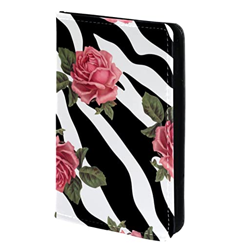 KQNZT Impfpasshülle Kartenetui Lederschutzhülle Reisebrieftasche,Schwarz weiße Zebra Rosa Rosen Blumen Weinlese von KQNZT