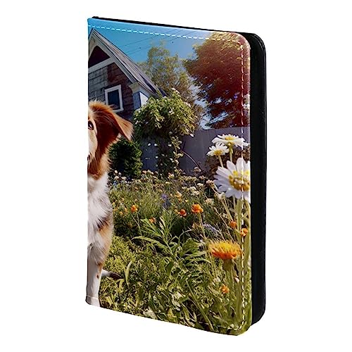 KQNZT Impfpasshülle Kartenetui Lederschutzhülle Reisebrieftasche,Tierhund Frühlingslandschaft Blume Blumen von KQNZT