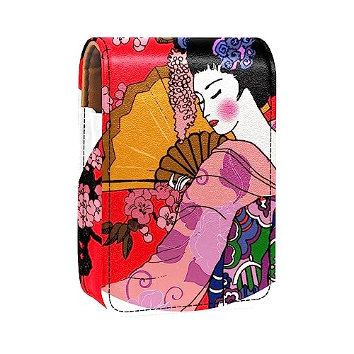 Lippenstift-Etui, Kosmetiktasche, Kosmetik-Organizer, Reise-Make-up-Tasche, Lippenstifthalter mit Spiegel für Geldbörse,Japanische Mädchen Blüten Kirschblüte Weinlese Kunst von KQNZT