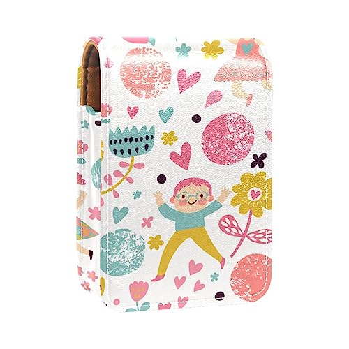 Lippenstift-Etui, Kosmetiktasche, Kosmetik-Organizer, Reise-Make-up-Tasche, Lippenstifthalter mit Spiegel für Geldbörse,Karikatur Jungen Mädchen reizende Blume von KQNZT