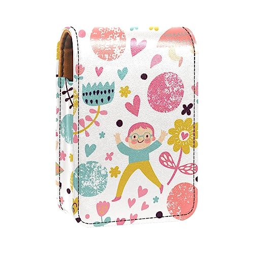 Lippenstift-Etui, Kosmetiktasche, Kosmetik-Organizer, Reise-Make-up-Tasche, Lippenstifthalter mit Spiegel für Geldbörse,Karikatur Jungen Mädchen reizende Blume von KQNZT