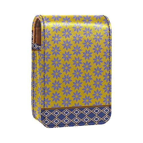 Lippenstift-Etui, Kosmetiktasche, Kosmetik-Organizer, Reise-Make-up-Tasche, Lippenstifthalter mit Spiegel für Geldbörse,Klassische Marineblau Gelb Blume von KQNZT