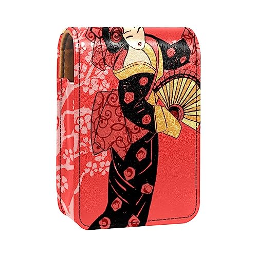 Lippenstift-Etui, Kosmetiktasche, Kosmetik-Organizer, Reise-Make-up-Tasche, Lippenstifthalter mit Spiegel für Geldbörse,Mädchen blüht im japanischen Stil von KQNZT