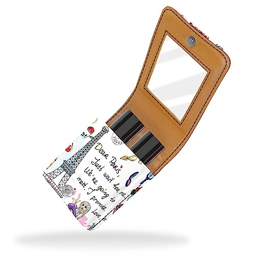 Lippenstift-Etui, Kosmetiktasche, Kosmetik-Organizer, Reise-Make-up-Tasche, Lippenstifthalter mit Spiegel für Geldbörse,Paris Reise Karikatur Eiffelturm Mädchen von KQNZT