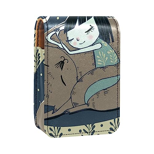 Lippenstift-Etui, Kosmetiktasche, Kosmetik-Organizer, Reise-Make-up-Tasche, Lippenstifthalter mit Spiegel für Geldbörse,Schönes Cartoon Nachtmädchen und Katze von KQNZT