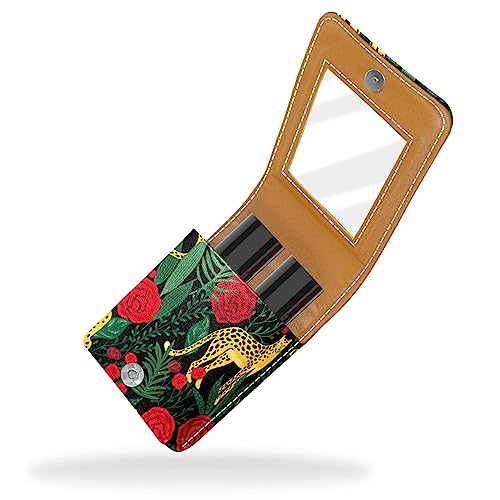 Lippenstift-Etui, Kosmetiktasche, Kosmetik-Organizer, Reise-Make-up-Tasche, Lippenstifthalter mit Spiegel für Geldbörse,Tropischer Dschungel rote Rosen Blumenleopard von KQNZT