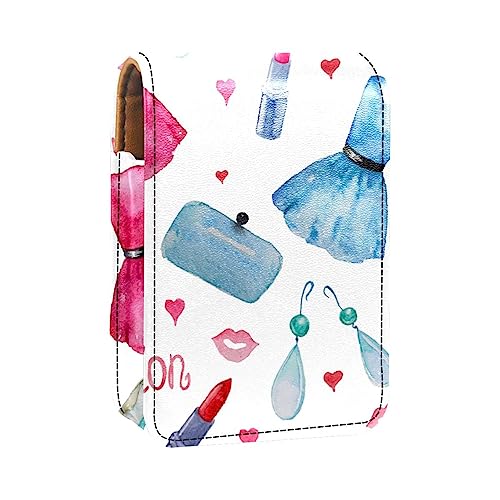 Lippenstift-Etui mit Spiegel für Geldbörse, tragbar, Mini-Make-up-Tasche, Reise-Kosmetiktasche, Kunstleder-Lippenstift-Etui, Halter für Frauen, Damen, Geschenke,Aquarell Kleid Lippenmode Muster von KQNZT