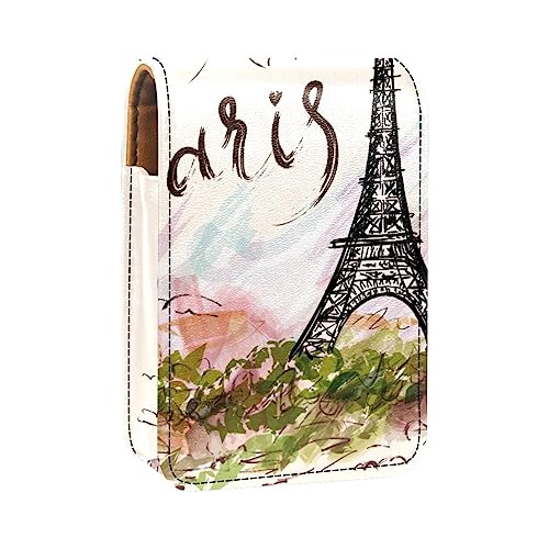 Lippenstift-Etui mit Spiegel für Geldbörse, tragbar, Mini-Make-up-Tasche, Reise-Kosmetiktasche, Kunstleder-Lippenstift-Etui, Halter für Frauen, Damen, Geschenke,Eiffelturm Paris Landschaftsaquarell von KQNZT