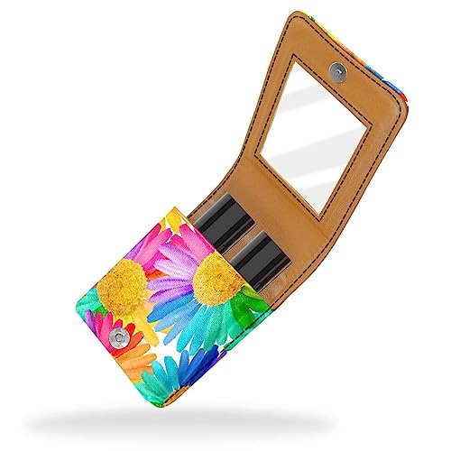 Lippenstift-Etui mit Spiegel für Geldbörse, tragbar, Mini-Make-up-Tasche, Reise-Kosmetiktasche, Kunstleder-Lippenstift-Etui, Halter für Frauen, Damen, Geschenke,Farbige Chrysanthemen Art Abstract von KQNZT