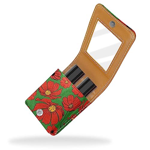 Lippenstift-Etui mit Spiegel für Geldbörse, tragbar, Mini-Make-up-Tasche, Reise-Kosmetiktasche, Kunstleder-Lippenstift-Etui, Halter für Frauen, Damen, Geschenke,Gesang Blumenrot Vintages Blumengrün von KQNZT