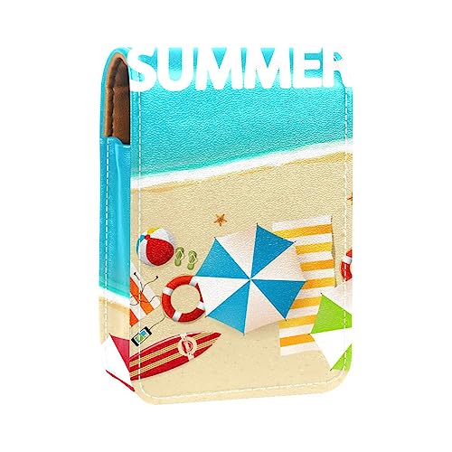 Lippenstift-Etui mit Spiegel für Geldbörse, tragbar, Mini-Make-up-Tasche, Reise-Kosmetiktasche, Kunstleder-Lippenstift-Etui, Halter für Frauen, Damen, Geschenke,Hallo Sommer Cartoon Strand Ozean von KQNZT