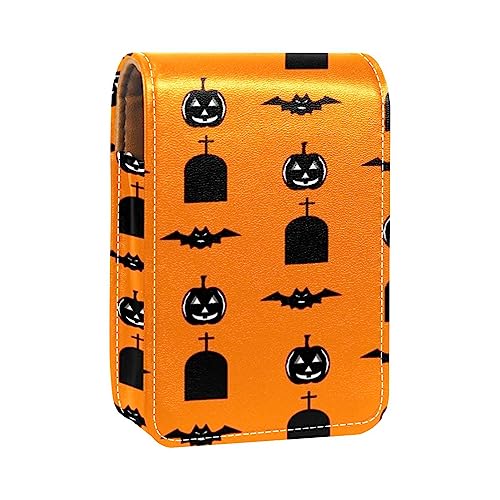 Lippenstift-Etui mit Spiegel für Geldbörse, tragbar, Mini-Make-up-Tasche, Reise-Kosmetiktasche, Kunstleder-Lippenstift-Etui, Halter für Frauen, Damen, Geschenke,Halloween Kürbis Fledermaus Cartoon von KQNZT