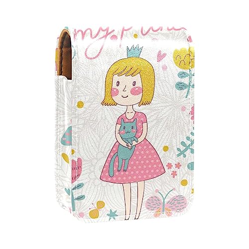 Lippenstift-Etui mit Spiegel für Geldbörse, tragbar, Mini-Make-up-Tasche, Reise-Kosmetiktasche, Kunstleder-Lippenstift-Etui, Halter für Frauen, Damen, Geschenke,Mädchen reizende Karikatur Prinzessin von KQNZT