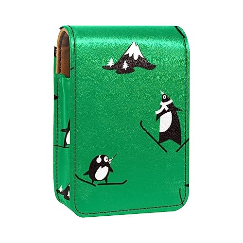 Lippenstift-Etui mit Spiegel für Geldbörse, tragbar, Mini-Make-up-Tasche, Reise-Kosmetiktasche, Kunstleder-Lippenstift-Etui, Halter für Frauen, Damen, Geschenke,Pinguin Schnee Gebirgs Karikatur Tier von KQNZT