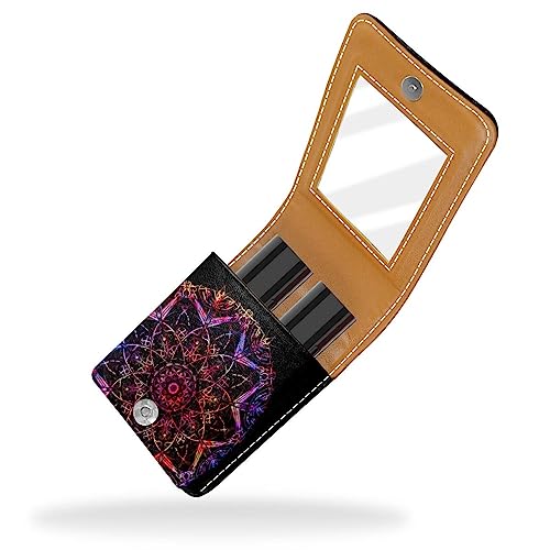 Lippenstift-Etui mit Spiegel für Geldbörse, tragbar, Mini-Make-up-Tasche, Reise-Kosmetiktasche, Kunstleder-Lippenstift-Etui, Halter für Frauen, Damen, Geschenke,Psyche Mandala lila Vintages Blumen von KQNZT