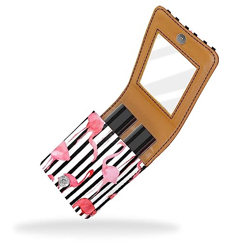 Lippenstift-Etui mit Spiegel für Geldbörse, tragbar, Mini-Make-up-Tasche, Reise-Kosmetiktasche, Kunstleder-Lippenstift-Etui, Halter für Frauen, Damen, Geschenke,Rosa Flamingo Schwarzweiss Streifen von KQNZT