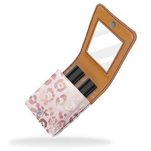 Lippenstift-Etui mit Spiegel für Geldbörse, tragbar, Mini-Make-up-Tasche, Reise-Kosmetiktasche, Kunstleder-Lippenstift-Etui, Halter für Frauen, Damen, Geschenke,Rosa Gold Leopard Druck Moderne Kunst von KQNZT