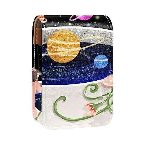 Make-up-Lippenstift-Etui für den Außenbereich, Mini-Tasche, Reise-Kosmetiktasche,Karikatur Mädchen Blumen kosmischer Planet von KQNZT