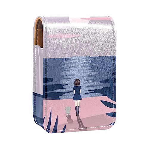 Make-up-Lippenstift-Etui für den Außenbereich, Mini-Tasche, Reise-Kosmetiktasche,Mädchen Katze Strand Nacht Meer von KQNZT