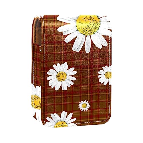 Make-up-Lippenstift-Etui mit Spiegel für Geldbörse, Kosmetiktasche mit Spiegel,Brown rote Retro Karierte Gänseblümchen Blume von KQNZT