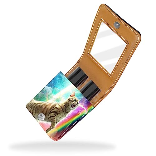 Make-up-Lippenstift-Etui mit Spiegel für Geldbörse, Kosmetiktasche mit Spiegel,Galaxie Regenbogenplanet Tierkatze Erde von KQNZT