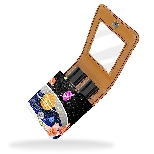 Make-up-Lippenstift-Etui mit Spiegel für Geldbörse, Kosmetiktasche mit Spiegel,Karikatur Mädchen Blumen kosmischer Planet von KQNZT