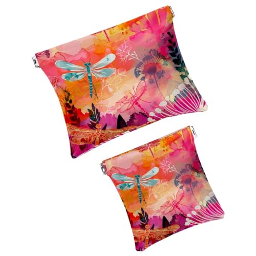 Make-up-Taschen-Set aus Kunstleder, kleine Make-up-Tasche, tragbare Reise-Make-up-Tasche für Damen, multifunktionale Schrapnell-Aufbewahrungstasche, Sonnenuntergang, Blume, Libelle, Malerei, 2-teilig, von KQNZT