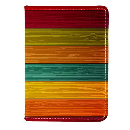 Reisepasshülle Brieftasche PU-Leder Kartenetui Reisezubehör für Damen Herren,Regenbogen Holzbrett modernes Kunst Muster von KQNZT