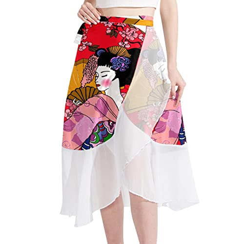 Sarong-Vertuschungen für Damen, Badeanzug-Wickelrock, Strand-Bikini-Vertuschung, Bademode, Chiffon,Japanische Mädchen Blüten Kirschblüte Weinlese Kunst von KQNZT