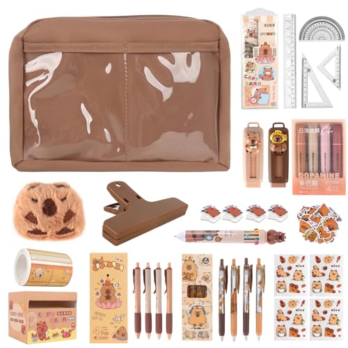 KQWVZ Capybara Schreibwaren Set, Capybara Federmäppchen mit Fächern, Capybara Schulsachen Set, Kawaii Schulsachen Capybara, nkl. Stifte, Clips, Linealen und Mehr, für Schule, Büro, Kunst von KQWVZ