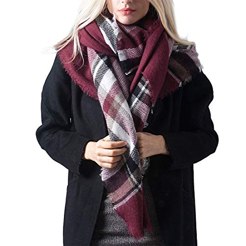 Damen Schal - Kariert übergroßer XXL Winterschal Deckenschal Weich Warm Herbstschal Kariert Karo Tartan Streifen Fransen Poncho, Plaid Schwarz Grau Rot B, M von LADES