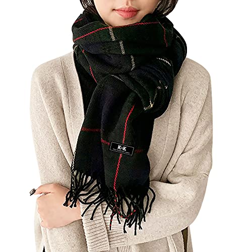 Damen Schal - Kariert übergroßer XXL Winterschal Deckenschal Weich Warm Herbstschal Kariert Karo Tartan Streifen Fransen Poncho (Grün A) von KQueenStar