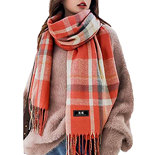 Damen Schal - Kariert übergroßer XXL Winterschal Deckenschal Weich Warm Herbstschal Kariert Karo Tartan Streifen Fransen Poncho (Orange) von KQueenStar