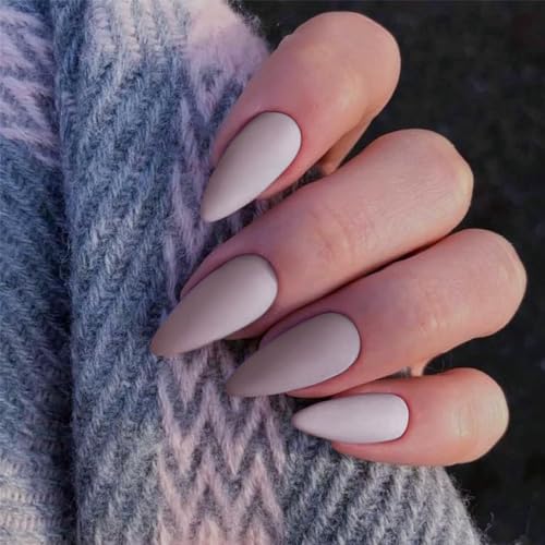 Hellgrau Press On Nails Mittel Mandel - Acryl Nägel zum Aufkleben, KQueenest Natürlich Einfarbig Fake Nails Fingernägel zum aufkleben, Matt Gel Full Cover Kunstnägel für Frauen 24 Stück von KQueenest