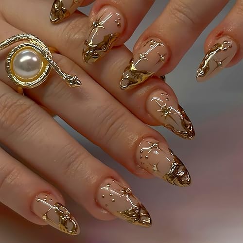 KQueenest 30 Stück Nude Nägel zum Aufkleben Kurz Mittel Mandel - Press On Nails mit 3D Gold Wirbel Stern Gestaltung Fake Nails Künstliche Fingernägel, Glitzer Anhänger Acryl Nägel für Frauen KQueenest 30 Stück Nude Nägel zum Aufkleben Kurz Mittel Mandel - Press On Nails mit 3D Gold Wirbel Stern Gestaltung Fake Nails Künstliche Fingernägel, Glitzer Anhänger Acryl Nägel für Frauen von KQueenest