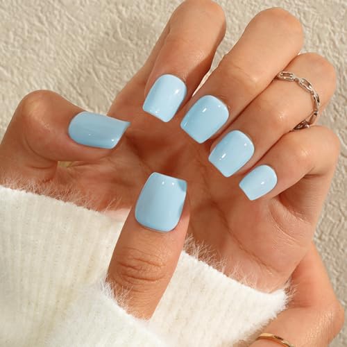KQueenest Press on Nails Kurz mit Kleber – Sheer Hellblau Nägel zum Aufkleben Kurz, Einfarbig Eckig Fake Nails, Quadratische Künstliche Nägel Set für Frauen & Mädchen, 24 Stück von KQueenest