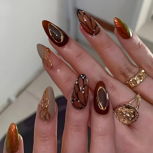 KQueenest Braun Nägel zum Aufkleben Mittel Mandel - Press On Nails mit 3D Schmerrerling Gold Wellen Gestaltung Full Cover French Fake Nails Luxus Künstliche Fingernägel für Frauen 24 Stück KQueenest Braun Nägel zum Aufkleben Mittel Mandel - Press On Nails mit 3D Schmerrerling Gold Wellen Gestaltung Full Cover French Fake Nails Luxus Künstliche Fingernägel für Frauen 24 Stück von KQueenest