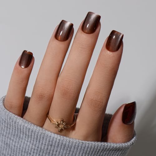 KQueenest Cat Eye Press On Nails Kurz - Glitzer Braun Nägel zum Aufkleben Kurz Sarg mit Kleber, Sparkle Glass Fake Nails Set, Künstliche Fingernägel zum aufkleben für Frauen, 30 Stück von KQueenest
