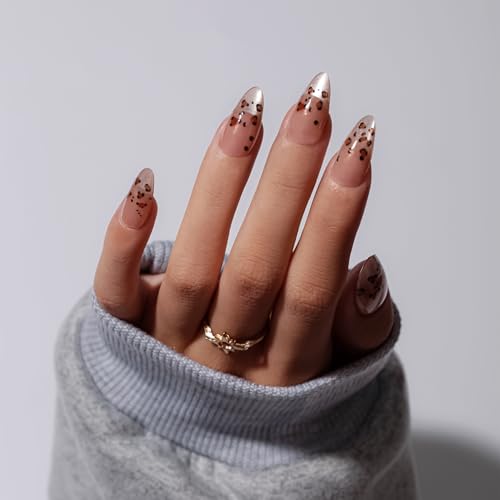 KQueenest Cat Eye Press On Nails mit Kleber French Tip - Glitzer Leopard Nägel zum Aufkleben Mandel, Sparkle Bling Fake Nails Set, Künstliche Fingernägel Mittel, Luxus Acryl Nägel für Frauen, 30 Stück von KQueenest