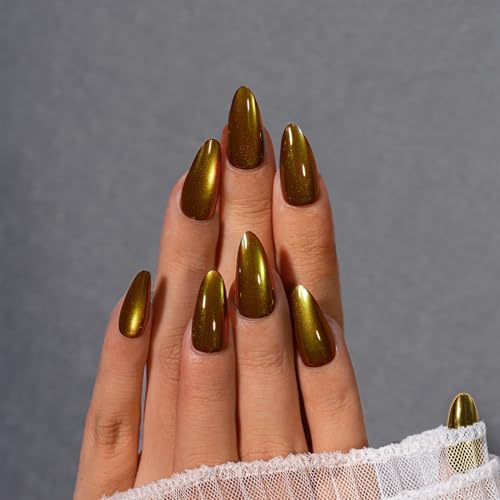 KQueenest Cat Eye Press On Nails mit Kleber - Glitzer Gold Schwarz Nägel zum Aufkleben Mandel, Sparkle Bling Fake Nails Set, Künstliche Fingernägel Mittel, Luxus Acryl Nägel für Frauen, 30 Stück von KQueenest