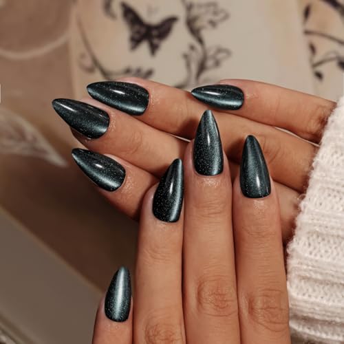KQueenest Cat Eye Press On Nails mit Kleber - Glitzer Rauchgrau Nägel zum Aufkleben Mandel, Sparkle Bling Fake Nails Set, Künstliche Fingernägel Mittel, Luxus Acryl Nägel für Frauen, 30 Stück von KQueenest