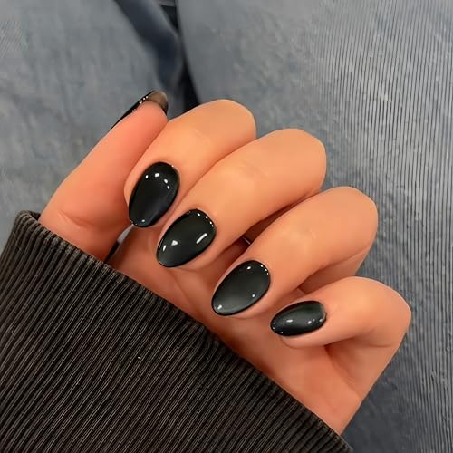KQueenest Cat Eye Press on Nails Kurz Oval, 30 Pcs Schwarz Fake Nails Kurz Runde, Goth Glitter Glue on Nails for Women, Reusable Shiny Chrome Stick on Nails Almond For Finger Decoration von KQueenest