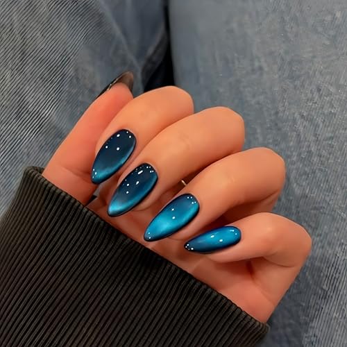 KQueenest Cat Eye Press On Nails - Schwarz Nägel zum Aufkleben Mandel Mittel, Sparkle Glitzer Blau Fake Nails Set, Luxus Bling Acryl Künstliche Fingernägel zum aufkleben für Frauen, 30 Stück von KQueenest