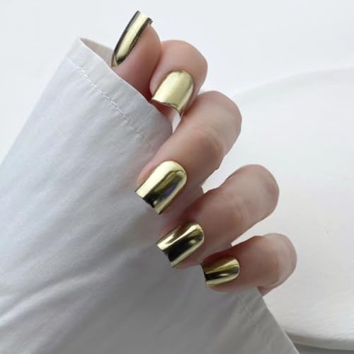 KQueenest Chrome Press On Nails - Metallic Hell Gold Nägel zum Aufkleben Kurz Eckig, Sparkle Bling Fake Nails Künstliche Fingernägel zum aufkleben, Glasiert Acryl Nägel für Frauen, 24 Stück von KQueenest
