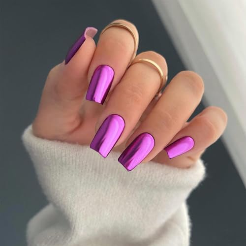 KQueenest Chrome Press On Nails - Metallic Violett Nägel zum Aufkleben Kurz Mittel, Sparkle Bling Fake Nails Eckig, Künstliche Fingernägel zum aufkleben, Glasiert Acryl Nägel für Frauen, 24 Stück von KQueenest