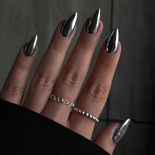 KQueenest Chrome Press On Nails - Metallic Rauchgrau Nägel zum Aufkleben Mittel Mandel, Spiegel Effekt Fake Nails Künstliche Fingernägel zum aufkleben, Sparkle Bling Acryl Nägel für Frauen, 24 Stück von KQueenest