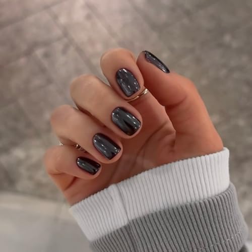 KQueenest Chrome Press On Nails - Metallic Schwarz Nägel zum Aufkleben Kurz Eckig, Sparkle Bling Fake Nails Künstliche Fingernägel zum aufkleben, Glasiert Acryl Nägel für Frauen, 24 Stück von KQueenest