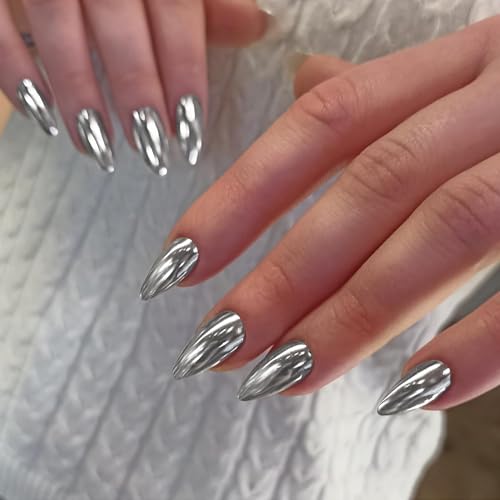 KQueenest Chrome Press On Nails - Metallic Silber Weiß Nägel zum Aufkleben Mittel Mandel, Spiegel Effekt Fake Nails Künstliche Fingernägel, Sparkle Bling Acryl Nägel für Frauen, 24 Stück KQueenest Chrome Press On Nails - Metallic Silber Weiß Nägel zum Aufkleben Mittel Mandel, Spiegel Effekt Fake Nails Künstliche Fingernägel, Sparkle Bling Acryl Nägel für Frauen, 24 Stück von KQueenest